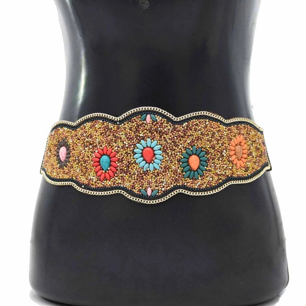 Boho Beaded Statement Belt – Handmade Embellished Waistband S/M (23" to 32")